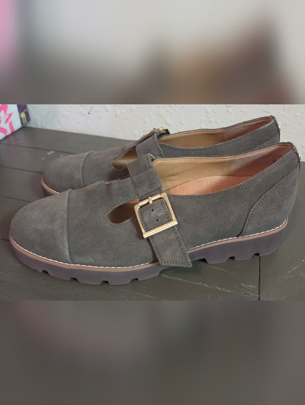 Vionic Carmen T-Strap Mary Jane Loafers, Dark Green w/ Gold Buckle